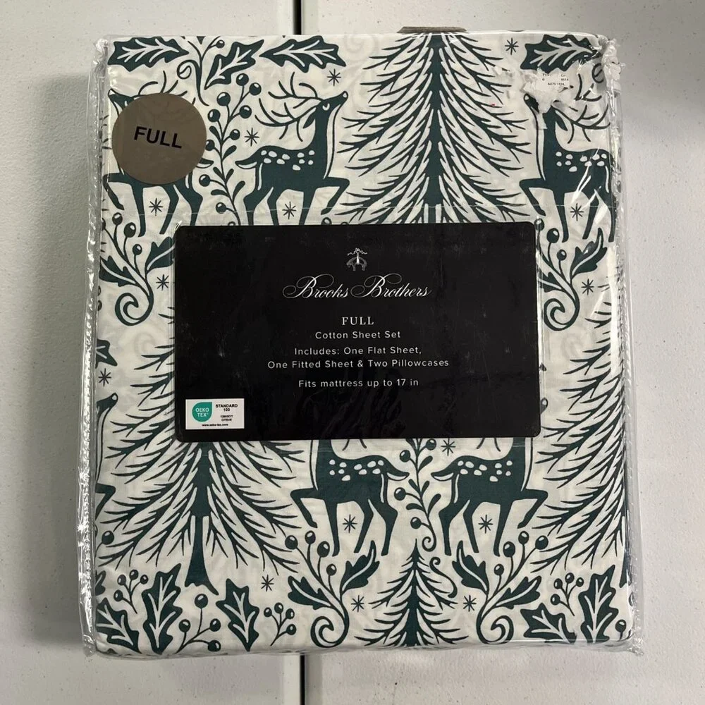 Brooks Brothers‎ Full Sheet Set Holiday Christmas White Green Reindeer Print New